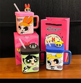 Ceramic Powerpuff Girls Mug with Lid & Straw - Adorable Cartoon Design